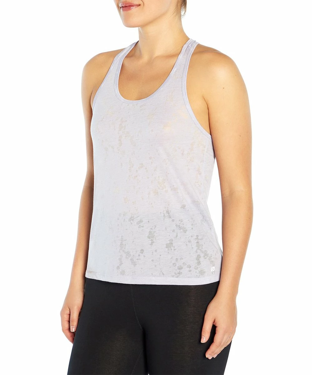 Marika | Purple Heather Splatter Burnout Scrunch-Accent T-Back Tank - Plus 4 Marika | Purple Heather Splatter Burnout Scrunch-Accent T-Back Tank - Plus - Image 3