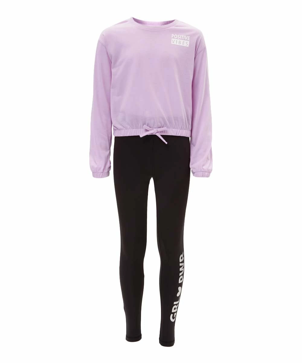 Marika | Lavender 'Positive Vibes' Sweatshirt & Black 'Girl Pwr' Leggings - Girls 3 Marika | Lavender 'Positive Vibes' Sweatshirt & Black 'Girl Pwr' Leggings - Girls